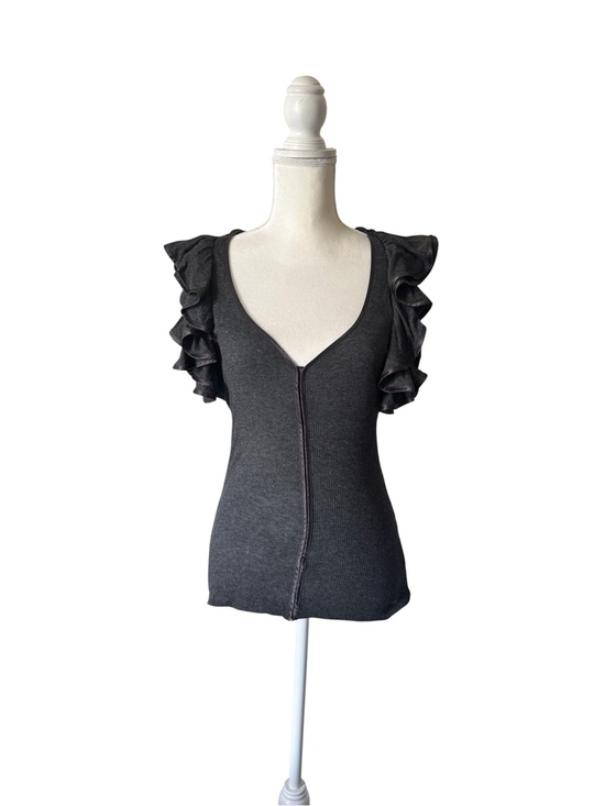 Robert Rodriguez Tops - Robert Rodriguez Charcoal Black Ruffle-Sleeve V-Neck Knit Tank